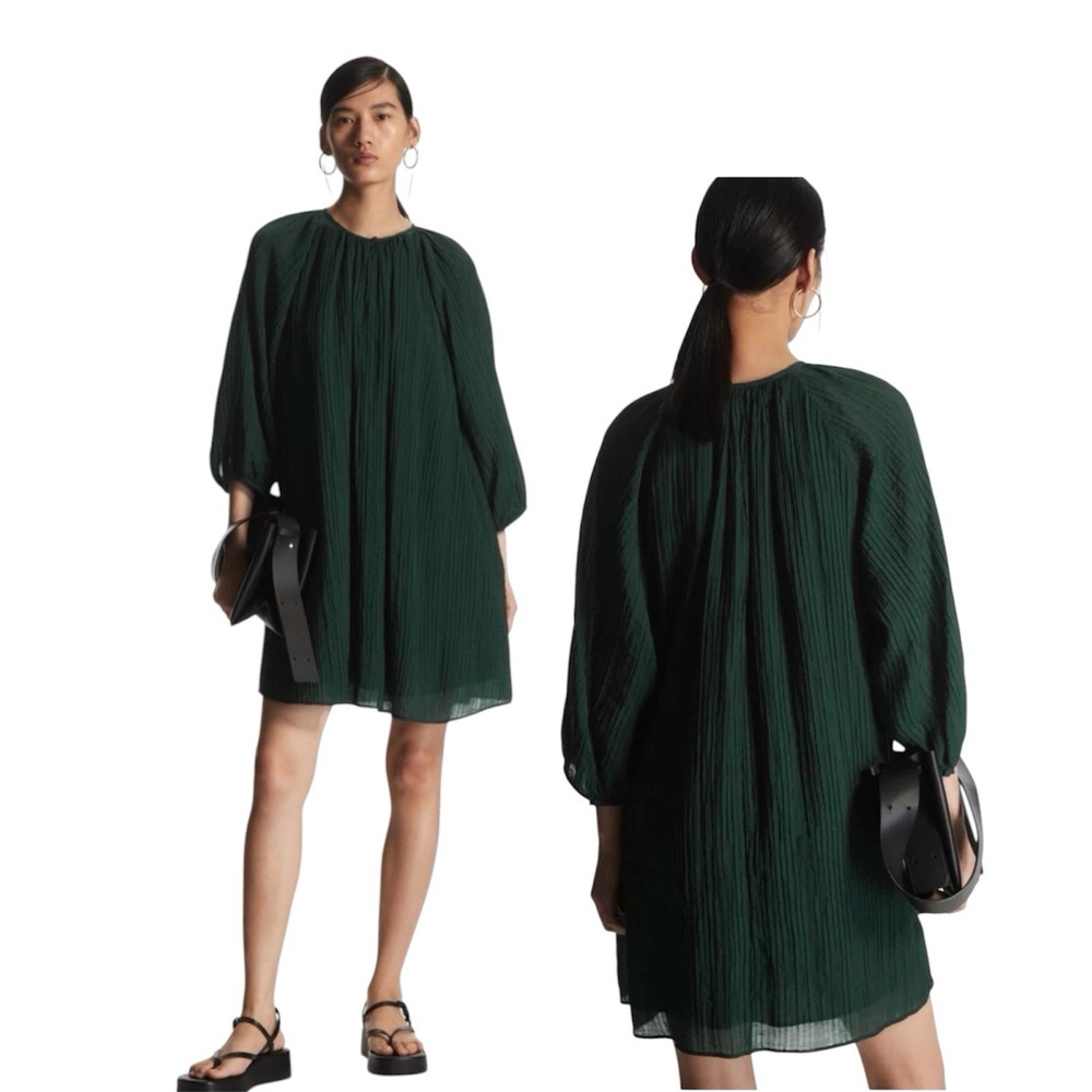 COS Dark Green Crinkled Puff Sleeve Mini Dress Textured Seersucker Shift Sz 8